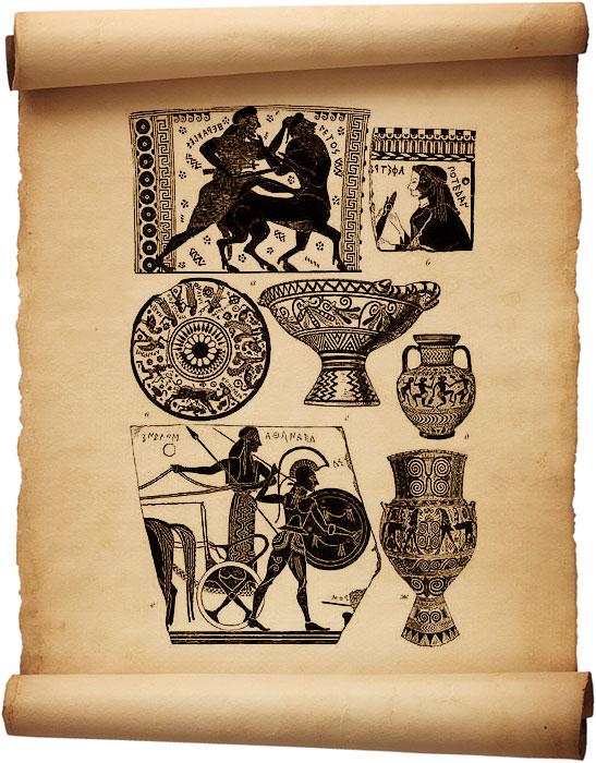Рис. 203 – Древнегреческая живопись на вазах. По «Antike Denkmaler» (а, б, е), Бёлау (г, д), Брунну (в) и Конце (ж)