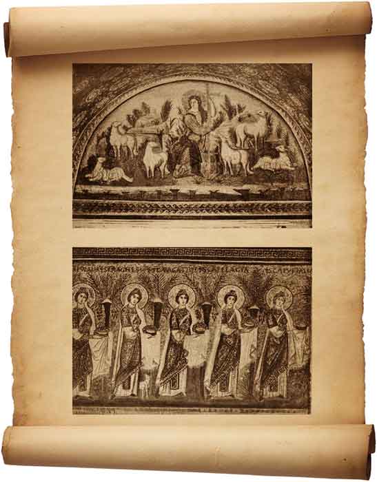 Рис. 18. Равеннские мозаики: Добрый Пастырь, в усыпальнице Галлы Плацидии(вверху);шествие святых женщин, в церкви св. Аполлинария Нового, на северной стене (внизу). 