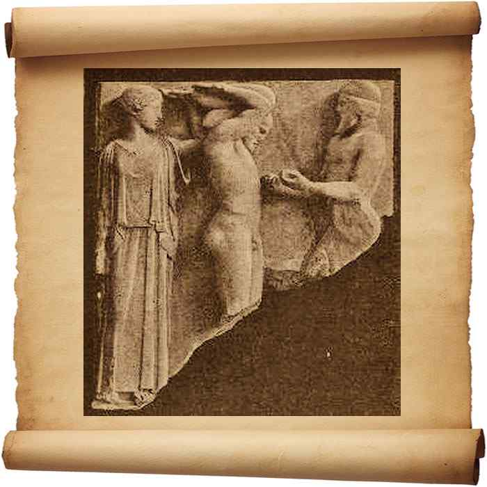 Рис. 254 - Геракл, Атлас и нимфа. Метоп храма Зевса в Олимпии. С фотографии
