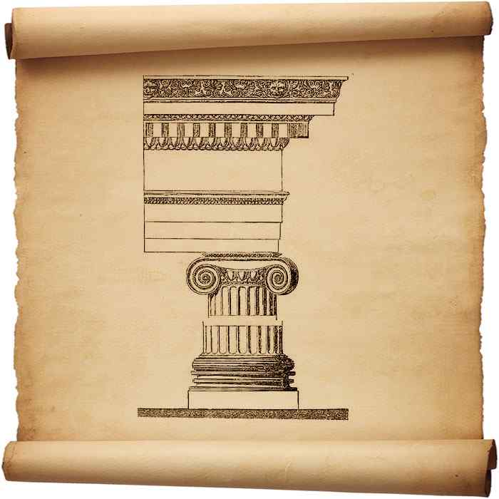 Рис. 201 - Колонна и антаблемент ионического храма в Приене. По Баумейстеру