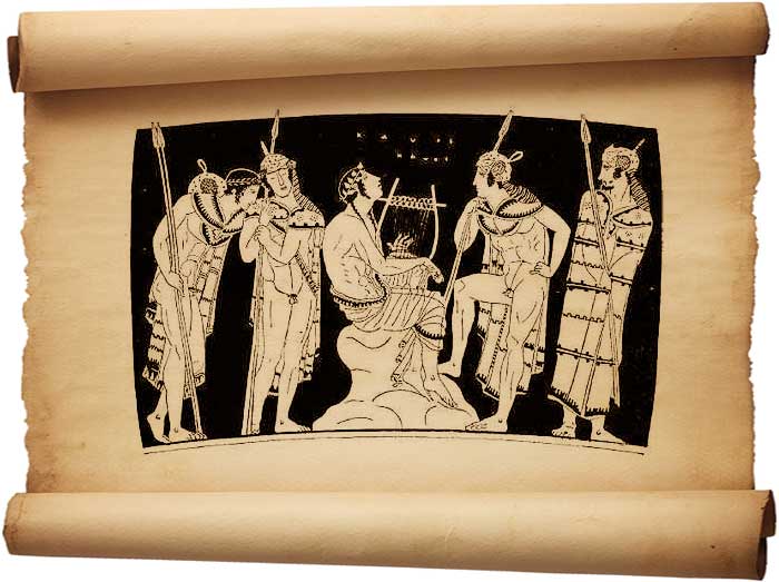 Рис. 244 - Орфей. Рисунок на древнегреческой вазе в стиле Полигнота. По Фуртвенглеру