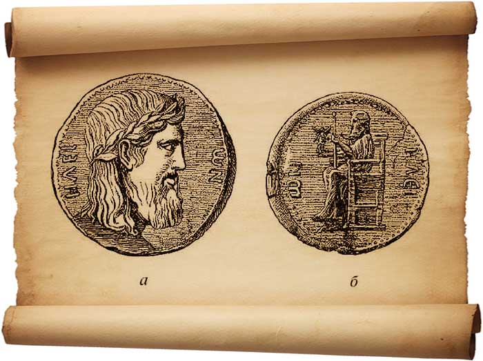 Рис. 257 – Элидские монеты с изображением олимпийского Зевса работы Фидия: а – голова на парижской монете; б – вся фигура на флорентийской монете. По Овербеку