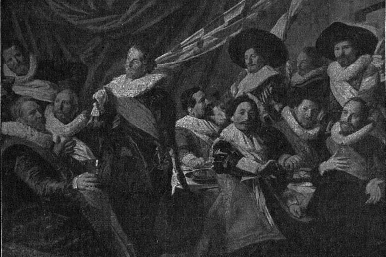 Рис. 163 - "Пирушка стрелков в день св. Георгия 1627 г." Картина Франса Халса в Гаарлемском музее. По фотографии Ф. Ганфштенгля в Мюнхене