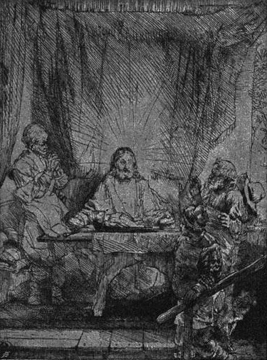 Рис. 172 - "Христос в Эммаусе". Гравюра Рембрандта