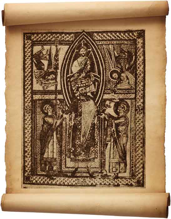 Рис. 64. Император Оттон III с двумя епископами и двумя воинами.