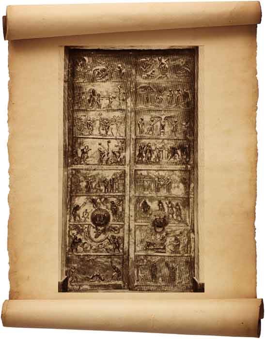 Рис. 68. Бронзовые двери Хильдесхеймского собора.