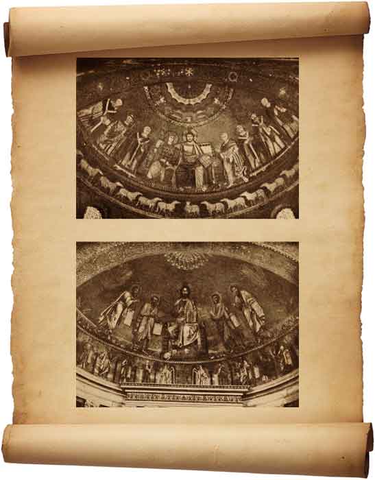 Рис. 78. Мозаики абсид в средневековых римских церквах: вверху — в церкви Санта-Мария ин Трастевере;внизу в церкви Сан Паоло фуори ле Мура.