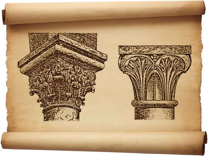 Рис. 87. Ломбардские капители: а — из Моденского собора; б — из Пьяченцского собора.